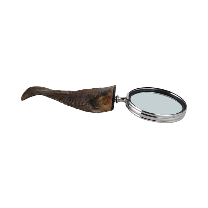 Glass Buffalo Horn Magnifying Glass Handcrafted Display - 2" Brown - 12" x 5" x 2"