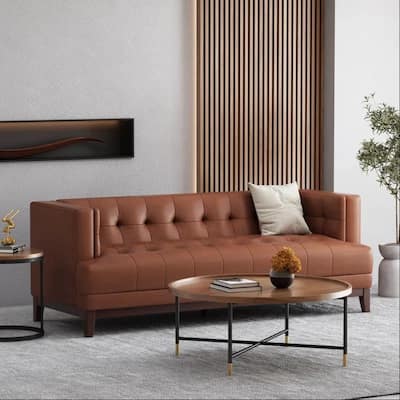 Brown Modern 80.75" Button Tufted 3-seater Sofa with Wood Legs for Living Room