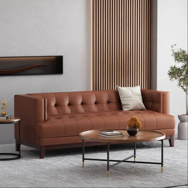 Button Tufted 3-seater Sofa with Wood Legs - Brown