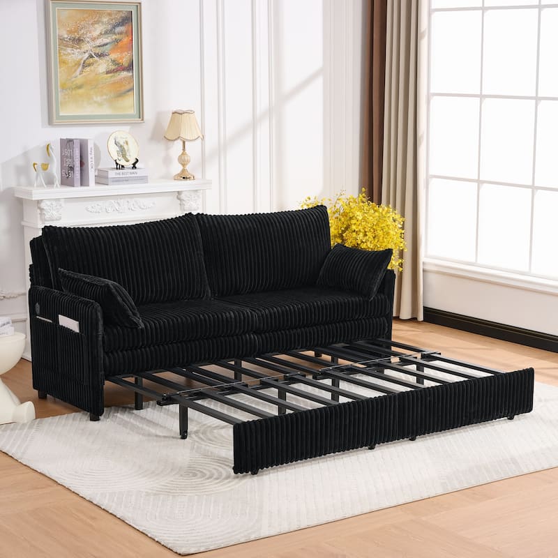 Roomfitters 73" Modern Corduroy Sofa Bed with Pull-out Sleeper Design, Modular Daybed with Storage Pocket & Pillows