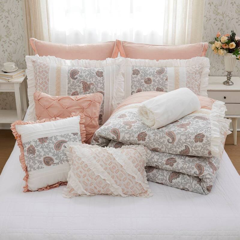 GDF Studio - Dawn 9-Piece Cotton Percale Comforter Set with Decorative Pillows