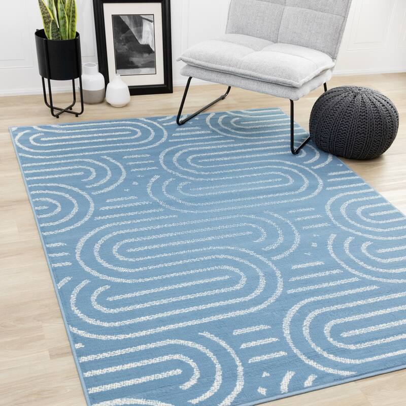 Contemporary Links Geometric Area Rug in Blue White - 7'9" x 10'6"