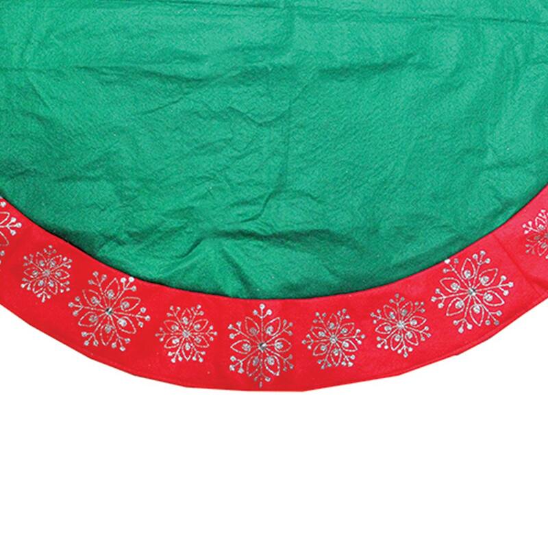 48" Green Christmas Tree Skirt Red Gemstone Glitter Snowflake Trim