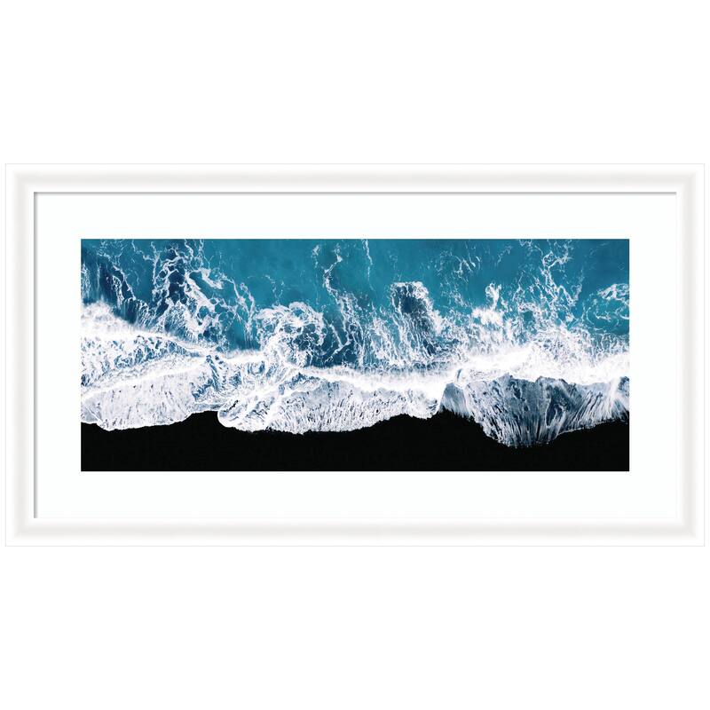 Kate and Laurel Framed Art Minimalist Ocean Waves on the Black Beach in Iceland Panel by Michael Schauer - 43x24 - White