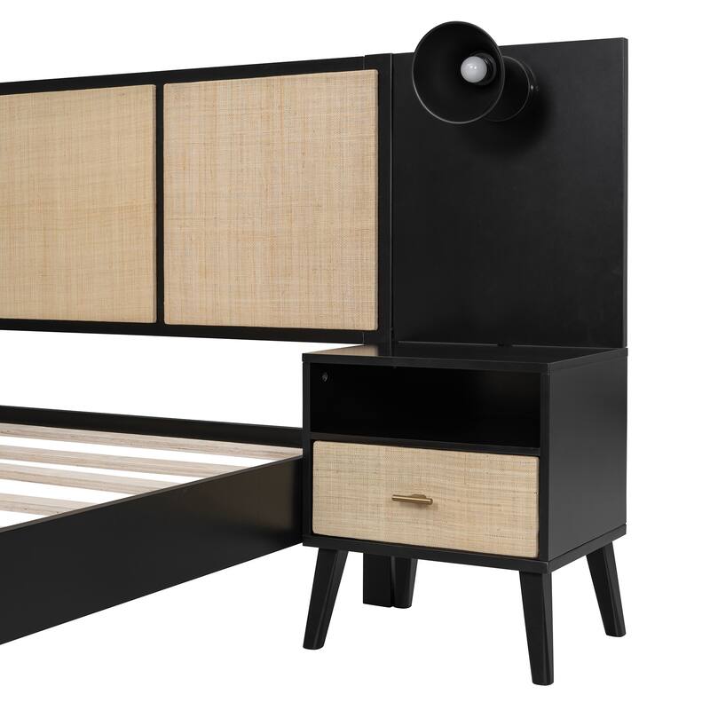 Queen Size Bed Frame, Nightstands & Headboard 3 in 1 Slats Platform Bed with Drawers and Lamps, Rattan Design for Bedroom