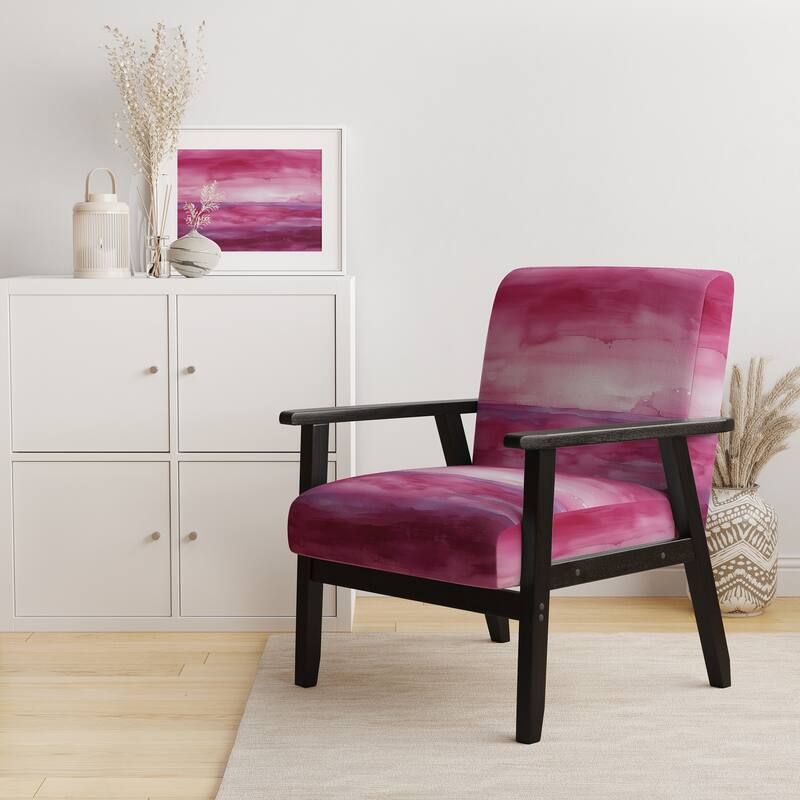 Designart "Coast Blue Sea Waves Watercolour" Upholstered Abstract Accent Chair - Modern Arm Chair For Bedroom - Arm Chair - Black Wood - Pink