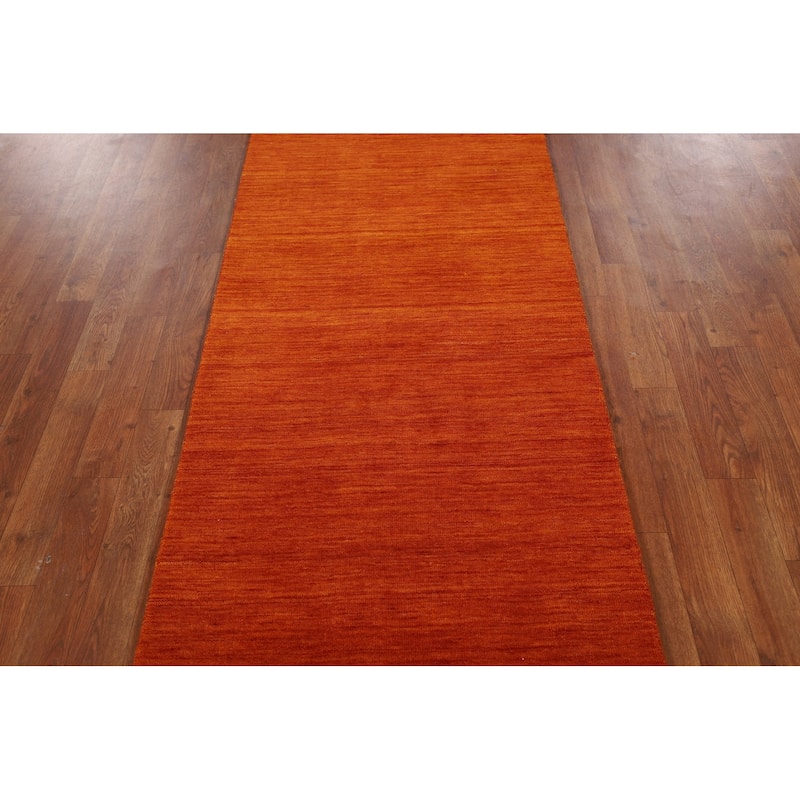 Hand Knotted Oriental 100% Wool Carpet Tribal Stripe Oranges & Rust Gabbeh Runner Rug - 10' 9'' X 2' 6''