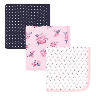 Hudson Baby Infant Girl Quilted Multi-Purpose Swaddle, Receiving, Stroller Blanket, Pink Navy Floral 3-Pack, One Size