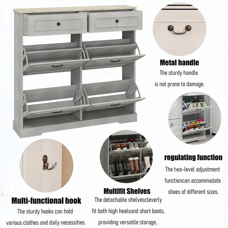 Freestanding Shoe Cabinet with 4 Flip-Down Drawers and 2 Shelves