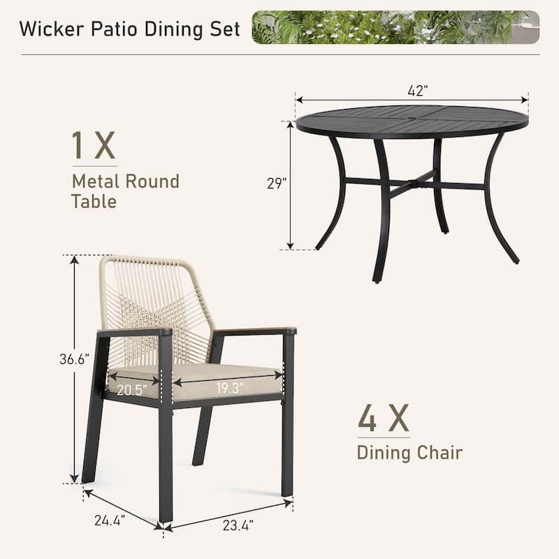 MAISON ARTS 5/7 Pieces Outdoor Dining Set, Round Table and Woven Wicker Dining Chairs with Cushions