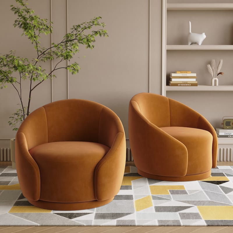 Velvet Boucle Upholstered Accent Chairs Swivel Barrel Chair (Set of 2) - Velvet - Orange