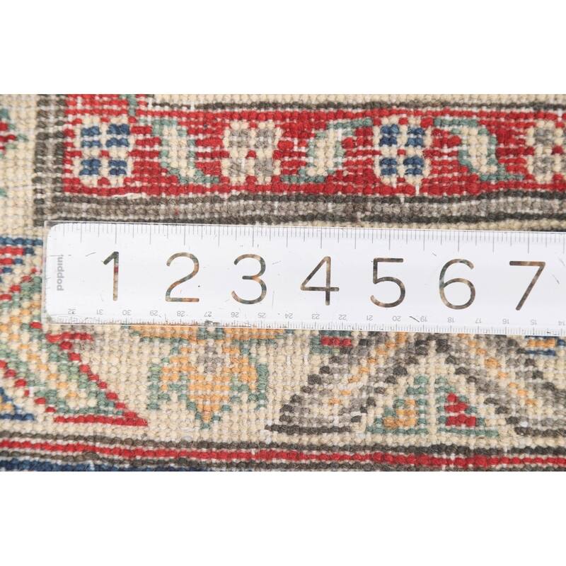 Geometric Kazak Accent Rug Hand-Knotted Grey Wool Carpet - 2'6" x 4'3"