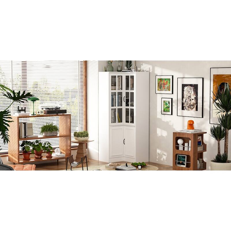 Elegant White Wooden Storage Cabinet with 4 Doors and 5 Shelves