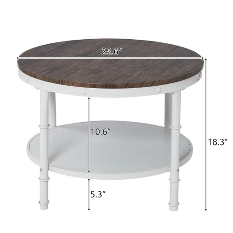 Double-layer Round Dark Walnut-colored Black-veined MDF Panel, White Wrinkled Baked Iron Frame, Industrial Style Coffee Table