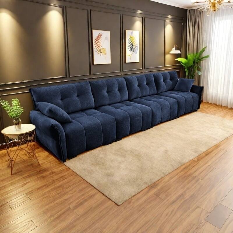 Modular 4-Seat Chenille Sofa Set with 2 Ottomans, High-Resilience Cushions and Solid Wood Frame - 4 Seater Blue