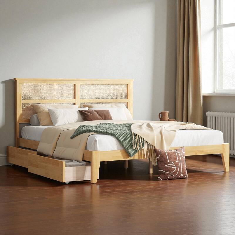 Full/King Size Rubber Wood Bed with Rattan Headboard and 2 Storage Drawers, Solid Frame with Reinforced Support Slats and Feet