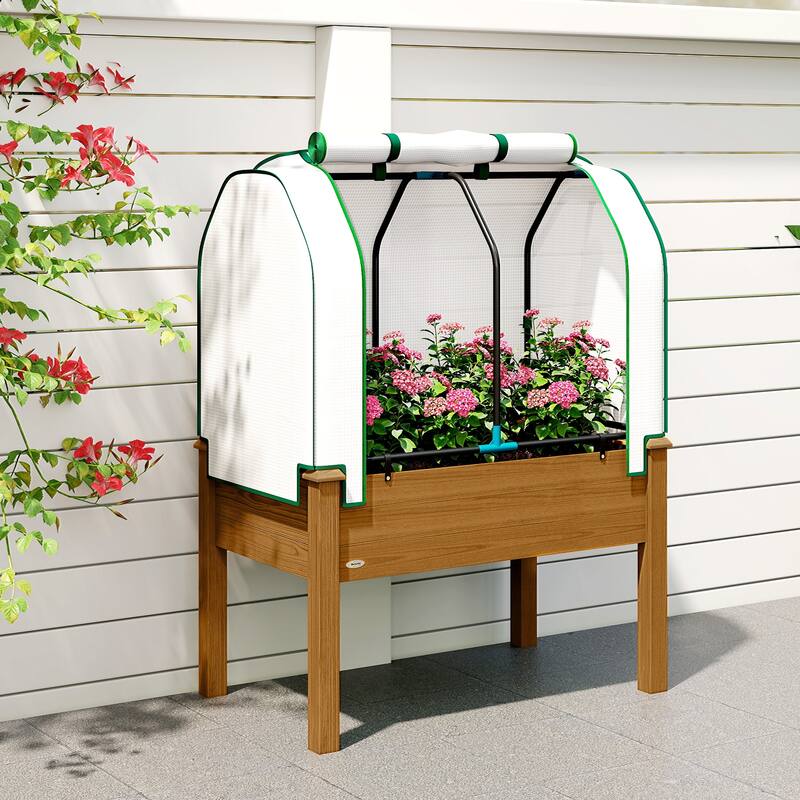 Outsunny Raised Garden Bed with PE Greenhouse Cover Outdoor Elevated Wood Planter Box , 35 x 22 x 47 inch