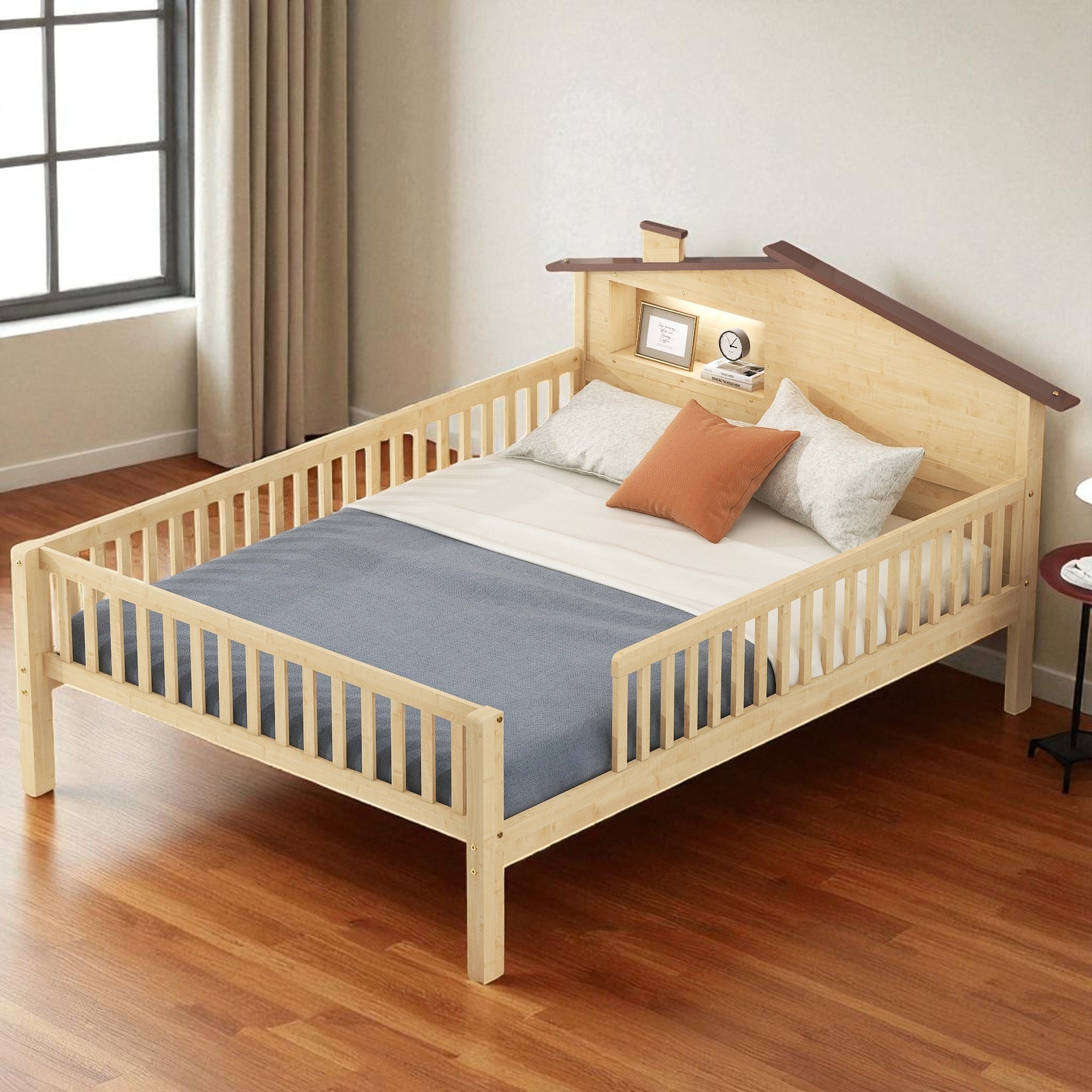 Full Size Wood Platform Bed Frame with LED Light, House-Shaped Headboard and Built-in Storage