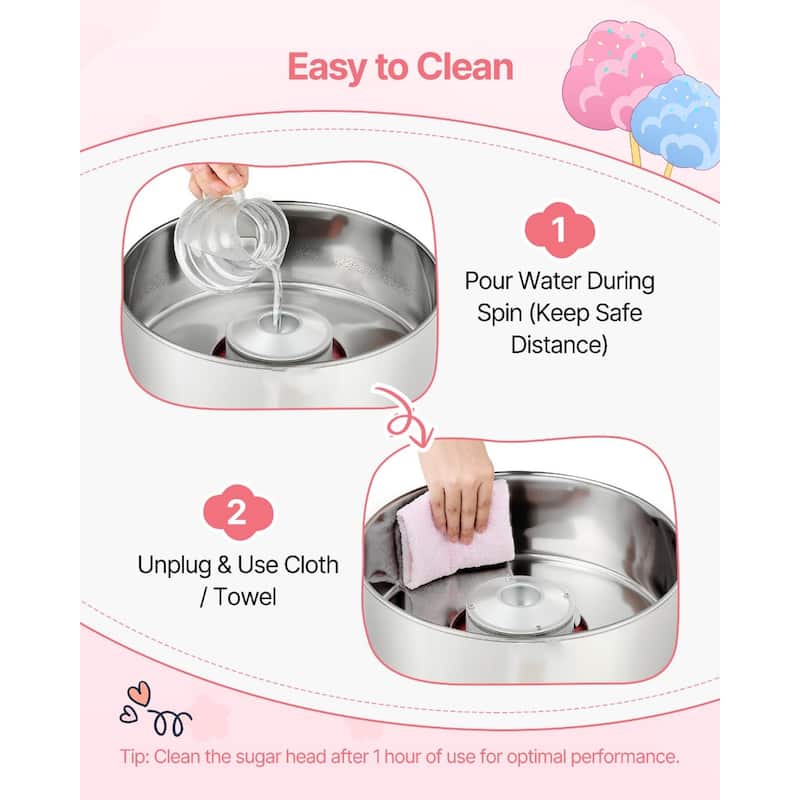 Pink Stainless Steel 1000W Cotton Candy Machine with Overheat Guard and Quick Clean - 14.96x14.96x13.31 in