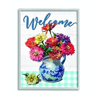 Stupell Welcome Flower Pot Blue Plaid Rustic Word Design Framed Wall ...