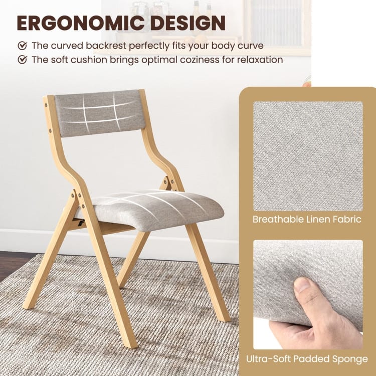 Set of 2 Wooden Folding Dining Chair with Linen Fabric Padded Seat and Backrest - 19" x 24" x 31" (L x W x H)