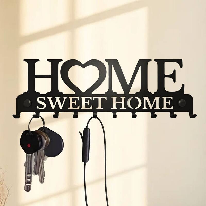 Wall Key Holder Retro Metal Handmade Iron Hooks Entrance Storage - 10.11" x 3.54" - Black