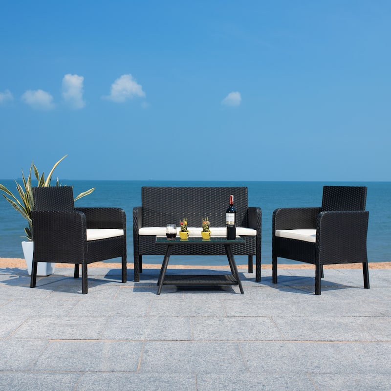 SAFAVIEH Outdoor Aboka Wicker/ Steel 4-piece Patio Conversation Set - Black/Beige