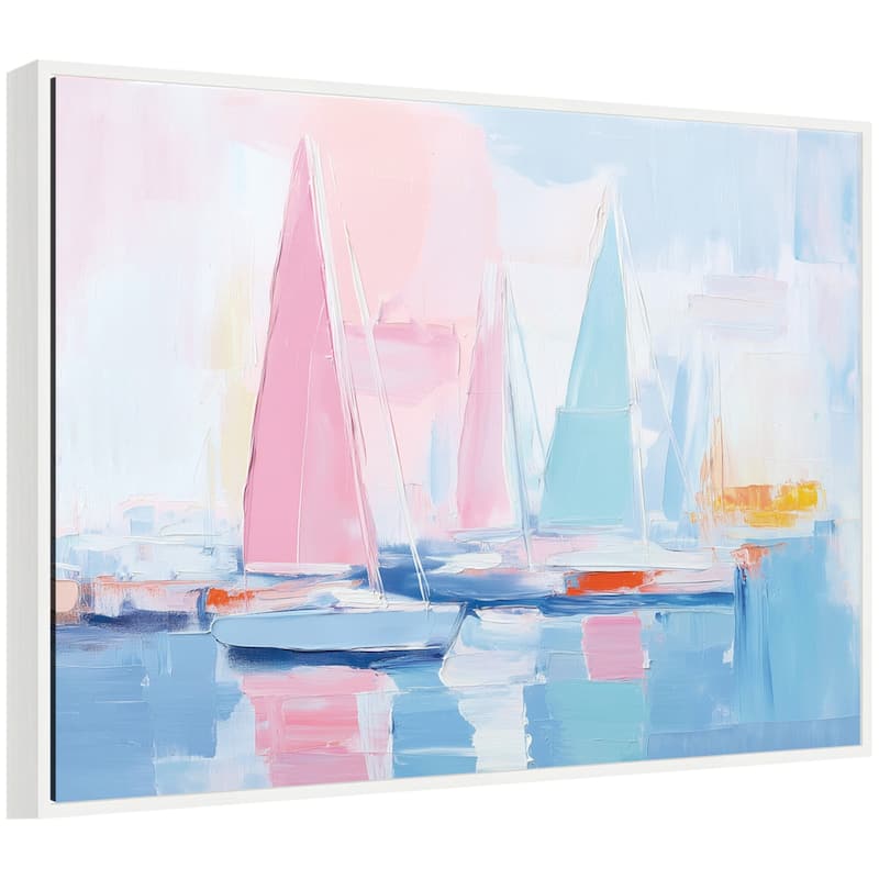 Kate and Laurel Sylvie Abstract Sailboat Harbor Landscape Pastel and Pops of Color Framed Canvas by The Creative Bunch Studio - 38x28 - White