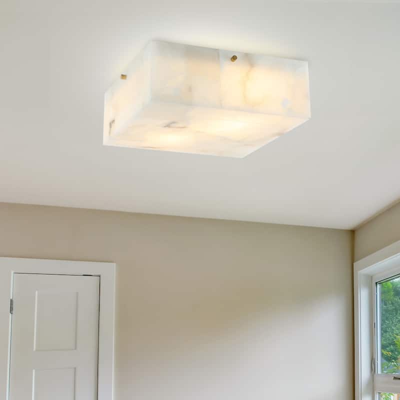 Alessia 13" 2-Light Modern Contemporary Alabaster/Iron Square LED Flush Mount, White Marbling/Brass Gold by JONATHAN Y
