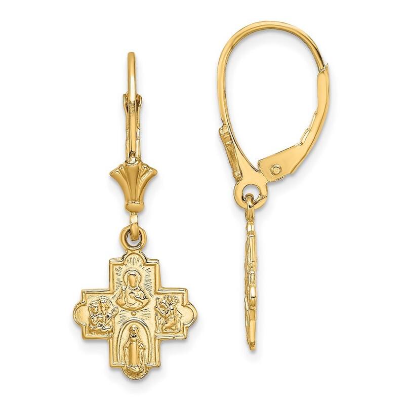 Curata 14k Yellow Gold Small 4 Way Medal Pendant Necklace Leverback Earrings - 12.3x11.2mm