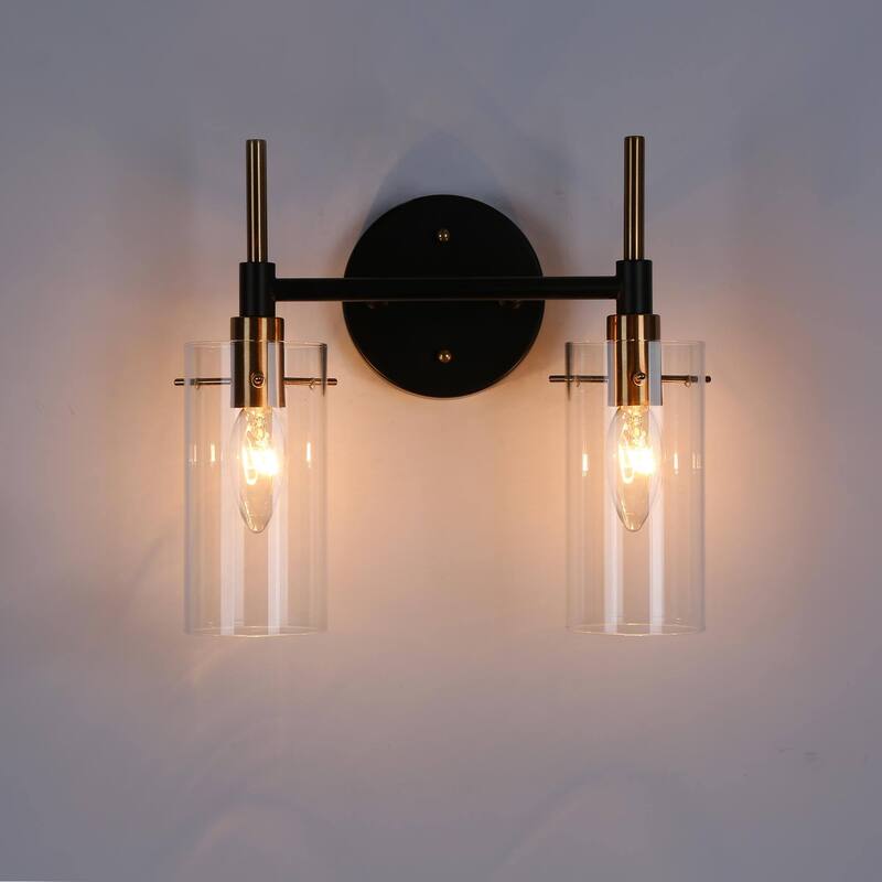 Modern Black Gold Bathroom Vanity Light Dimmable Wall Sconces with Cylinder Clear Glass