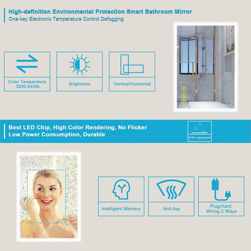 SmartGlow 24x36" Rectangular Dimmable LED Frameless Anti-Fog Bathroom Vanity Mirror - Clear