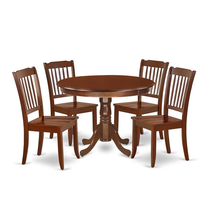 East West Furniture Dining Table Set- a Dining Table with Pedestal and Wood Seat Chairs, Mahogany(Pieces Options)