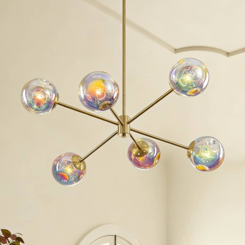 6-Light Modern Brass Iridescent Rainbow Glass Sputnik Chandelier for Dining Roomm - 6 Light