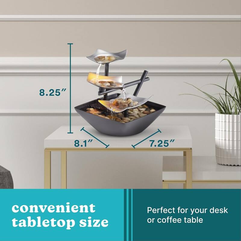 Homedics Silver Springs Tabletop Fountain | Relaxing Water Feature with LED Light & Adjustable Flow for Home or Office