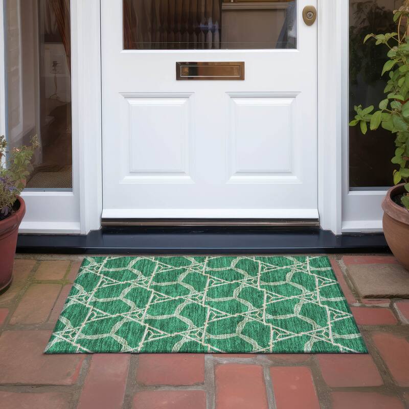 Machine Washable Indoor/ Outdoor Transitional Links Chantille Rug - Emerald - 1'8" x 2'6"