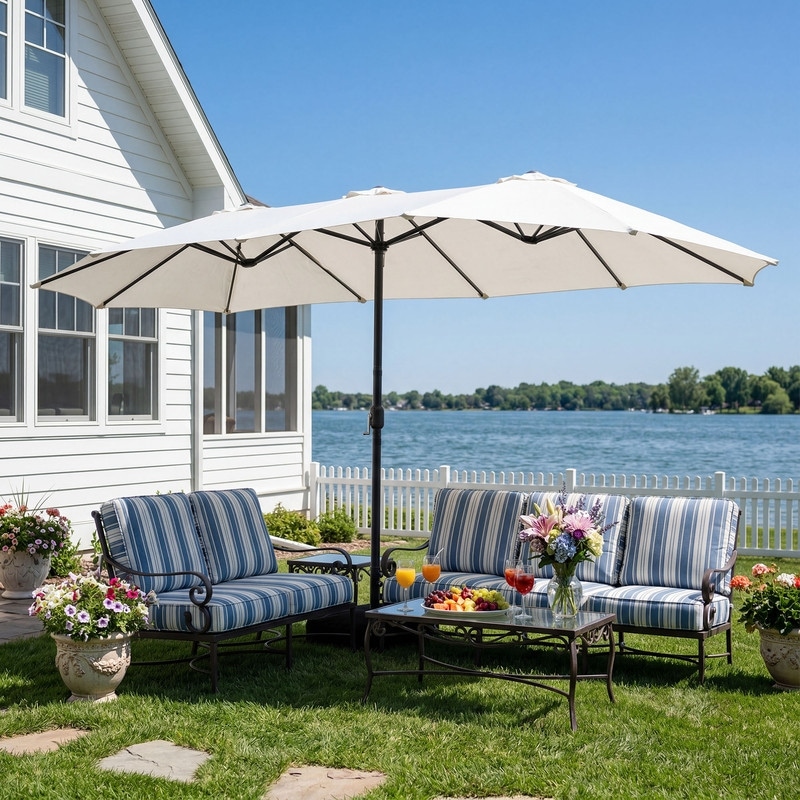 15ft patio umbrella double-sided PURPLE LEAF 15x9ft Rectangular Outdoor Market with Base, Light Grey proof steel ribs Available in three colors ABCCANOPY 15FT Double Sided Pool