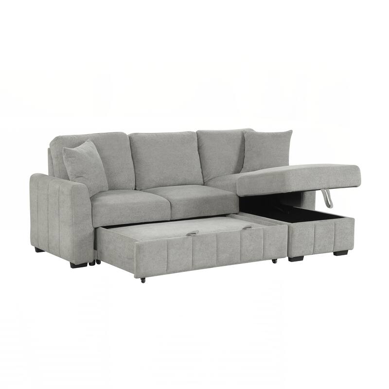 L-Shaped Sectional Sleeper Sofa with Reversible Storage Chaise, Drop-Down Center Back Cushion with Dual Cup Holders
