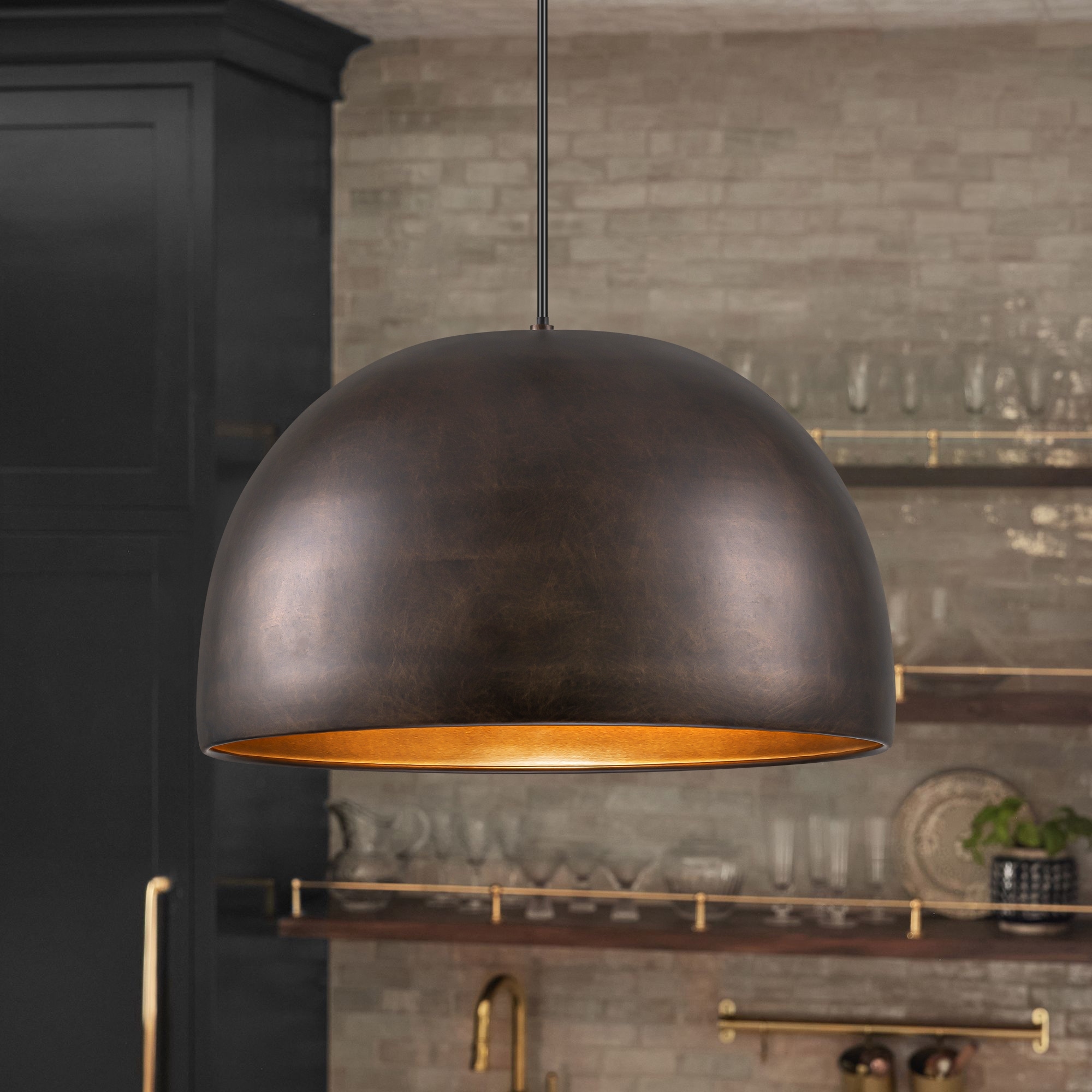 Rennnsan 1-Light Vintage Antique Brown Dome Kitchen Island Pendant Light/Dining Room Light - 15.3 in. W x 9.8 in. H