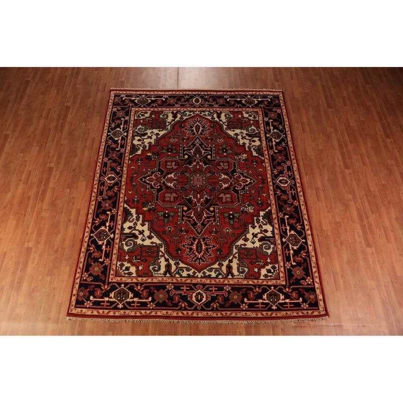 Orange Geometric Heriz Serapi Indian Area Rug Handmade Wool Carpet - 7'11"x 9'10"