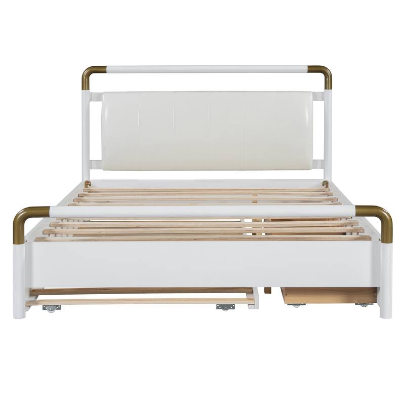 Queen Size White Wooden Storage Platform Bed with Trundle and Drawers
