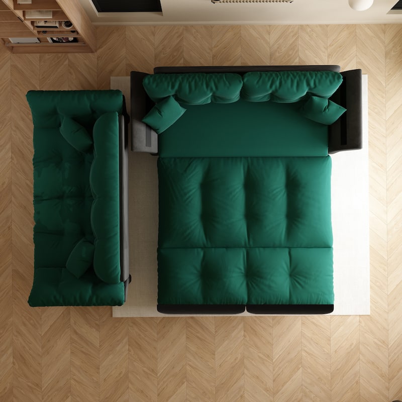 Queen Pull Out Sofa Bed, 3-in-1 Convertible Sleeper Tufted Sofa with 2 Soft Pillows, Velvet Loveseat Bed