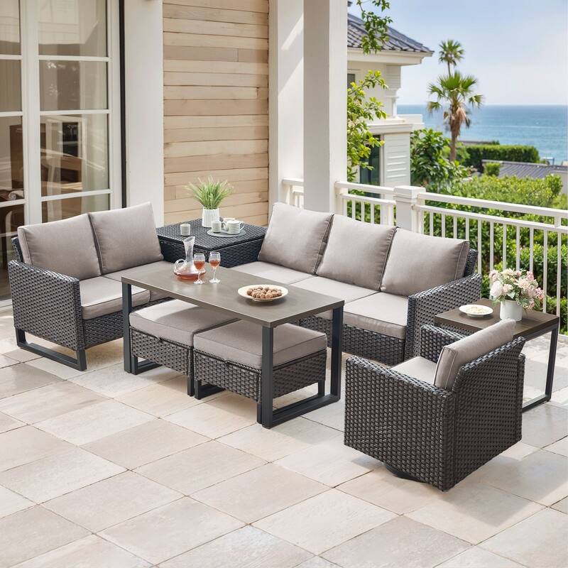 Gymojoy 6-8 Person All-Weather Wicker Outdoor Conversation Set Seating Group With Swivel Chairs And Ottomans