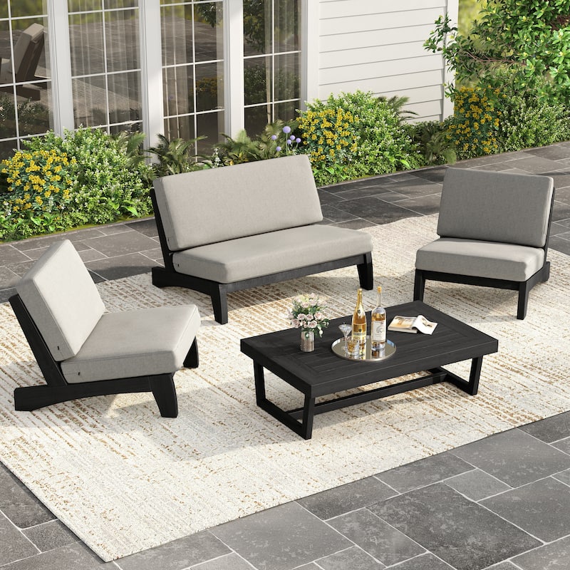 4 Piece Outdoor Wood Loveseat Chair Conversation Set with Cushion