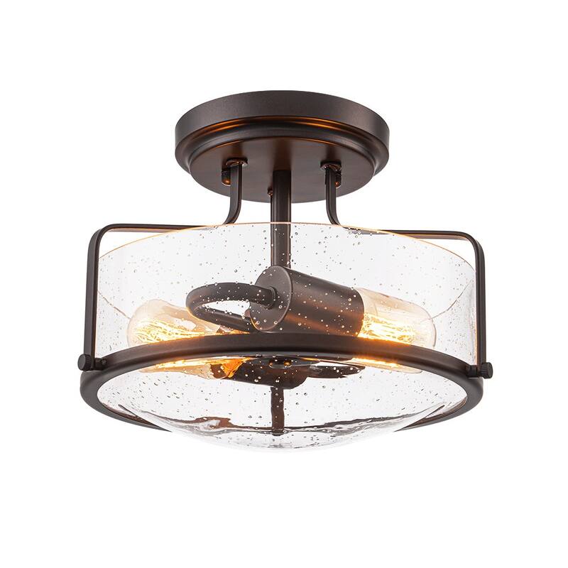Farmhouse 2-Light Clear Seeded Glass Semi-Flush Mount Ceiling Light - N/A