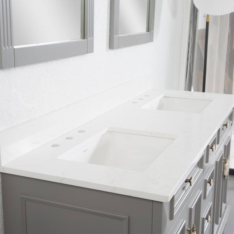 35'' H Solid Wood Bath Vanity with Stain-resistant Carrera White Quartz Top and Double Sink