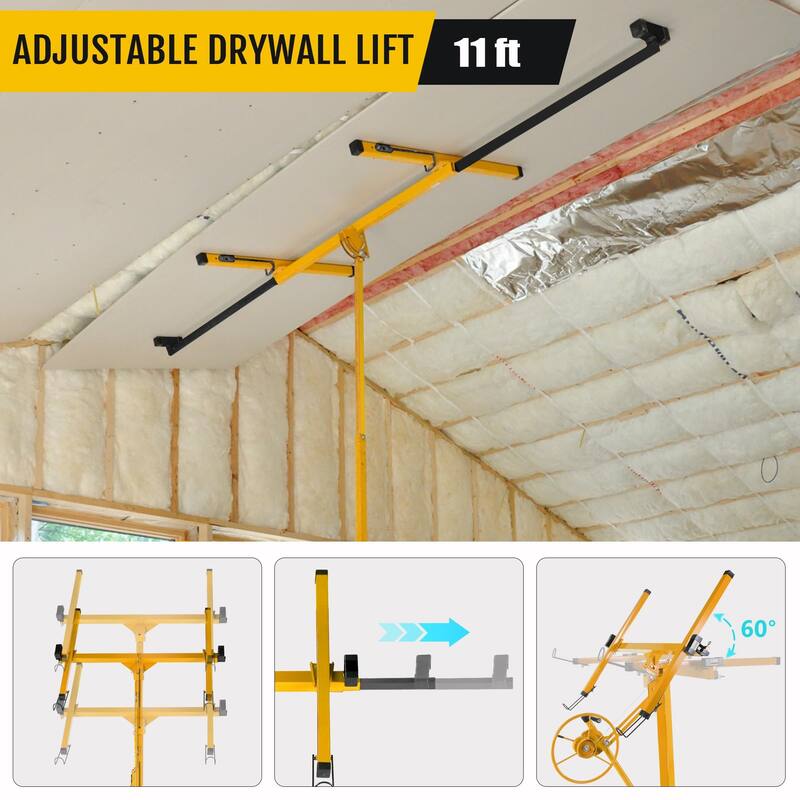 Drywall Lift 11FT, 150lb Capacity Heavy Duty Sheetrock Hoist w/Telescopic Arm & Locking Wheels, Steel Panel Lifter