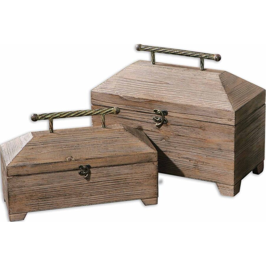 Shop Set Of 2 Antiqued Natural Wood Decorative Lidded Storage