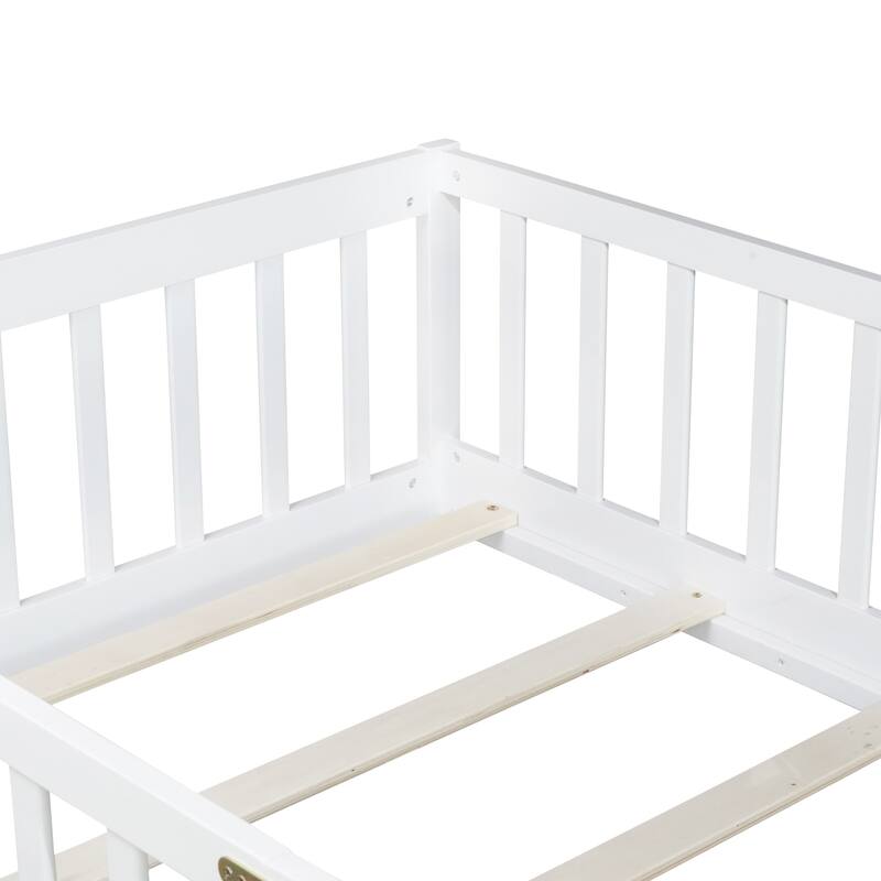 Roomfitters Twin/Full/Queen Rubber Wood Floor Bed with Fence and Swing Door, Safety Guardrails, Low Profile Design