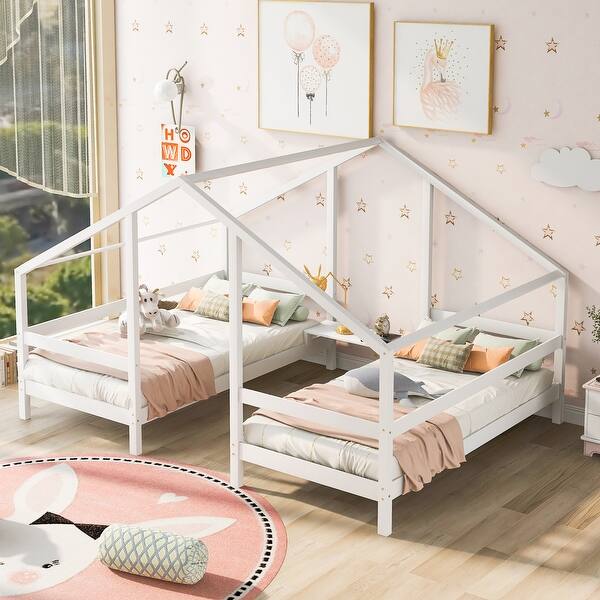 slide 2 of 9, Cozy Triangular House Twin Bunk Bed with Built-in Table, Solid Wood Slats White